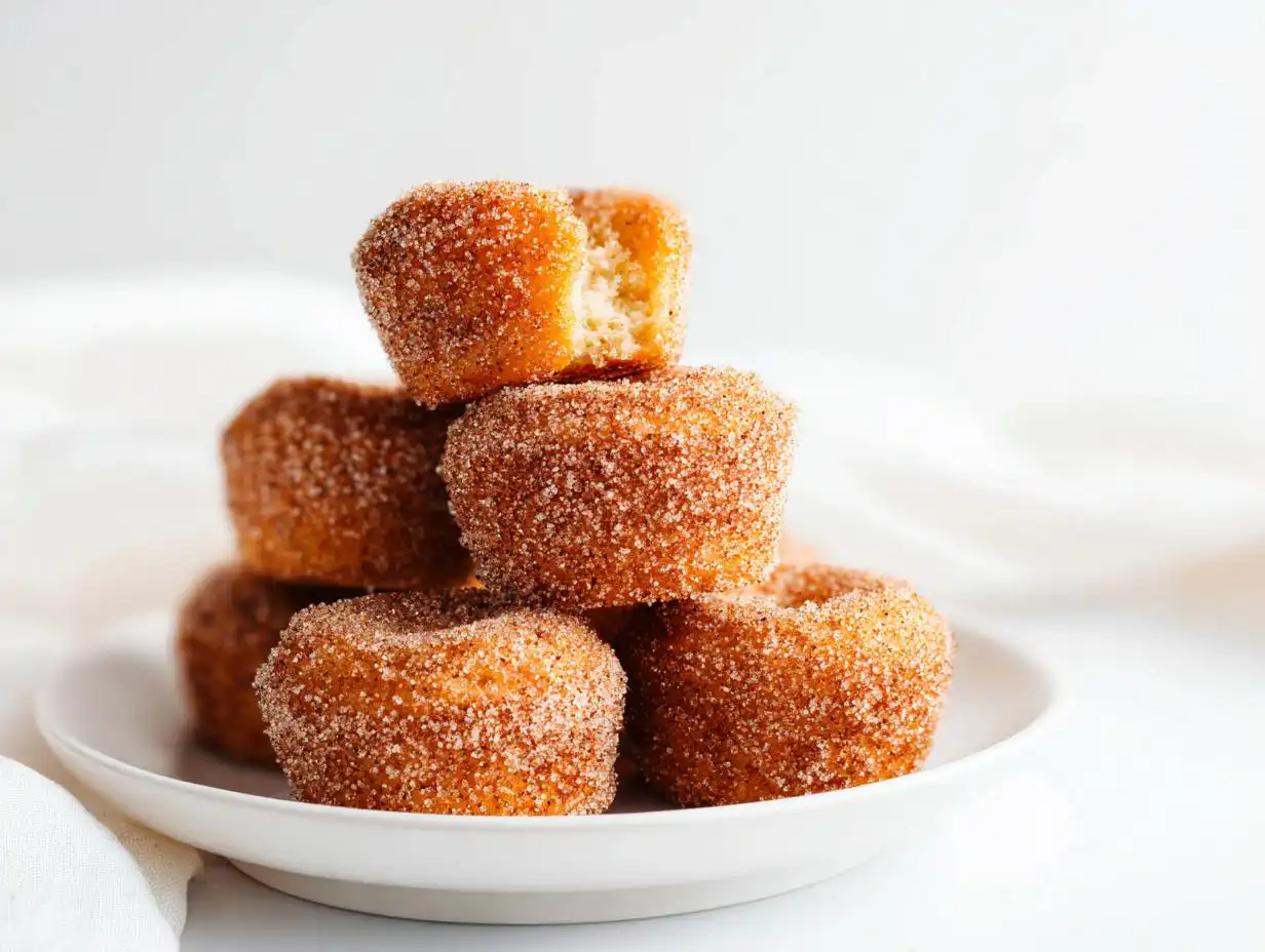 A stack of golden brown Churro Muffin Bites generously coated in cinnamon sugar, resting on a white plate.
