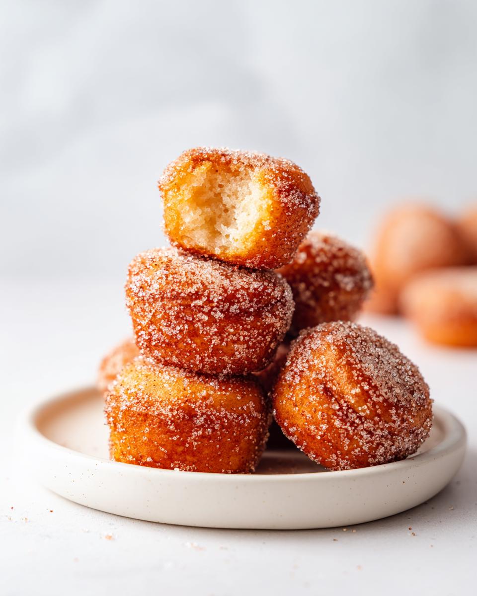 A stack of golden brown Churro Muffin Bites coated in cinnamon sugar, with one bite showing the soft interior.