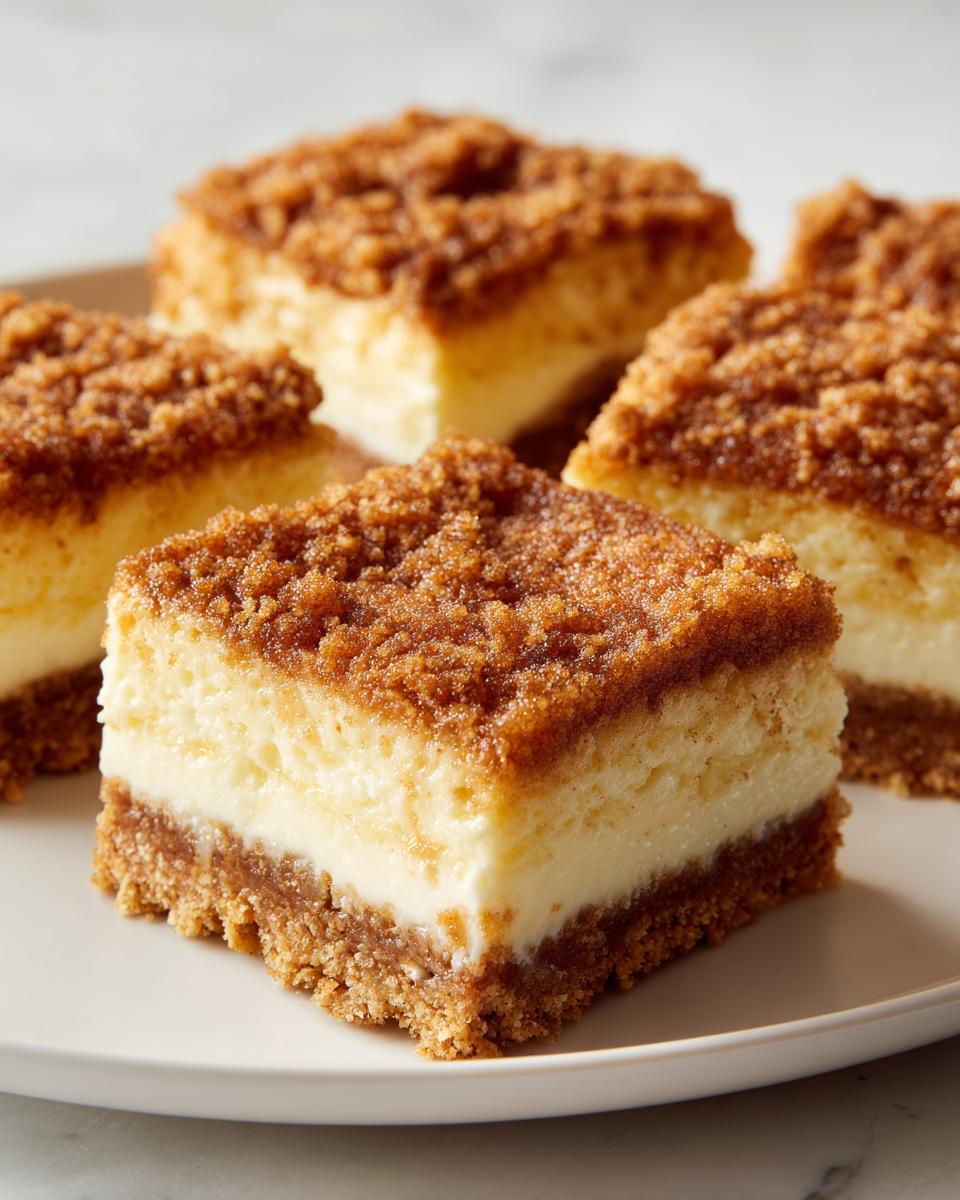 Four square servings of rich Cinnamon Cheesecake Crunch Bars with a thick graham cracker crust and crumbly cinnamon topping.