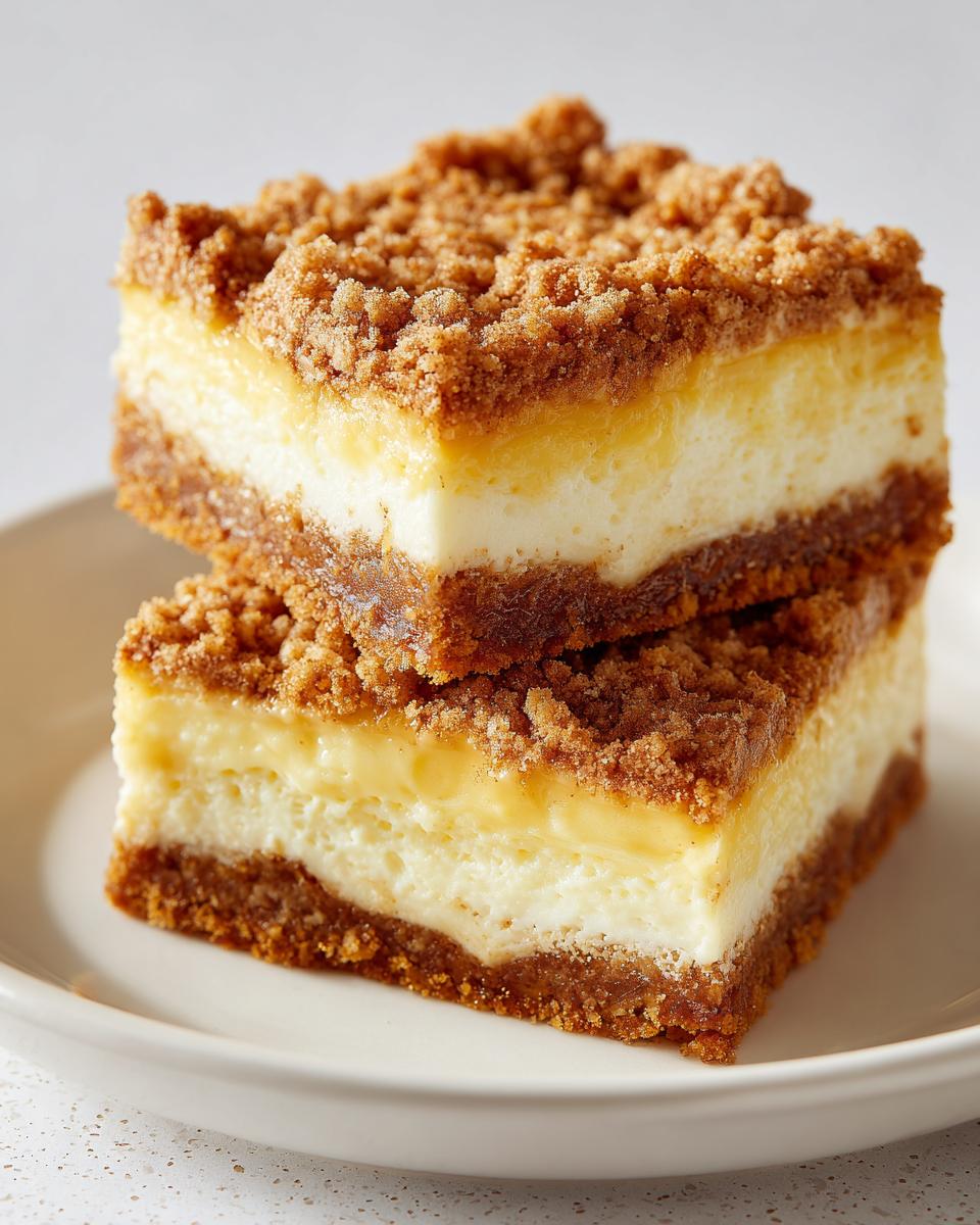 Two stacked slices of Cinnamon Cheesecake Crunch Bars featuring a thick graham crust, creamy filling, and cinnamon streusel topping.
