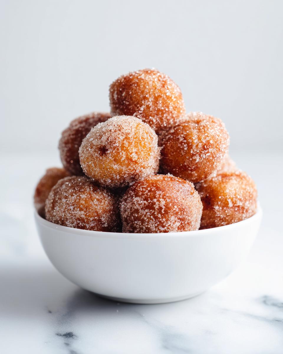 A white bowl piled high with freshly made Cinnamon Sugar Donut Bites coated in sparkling sugar.