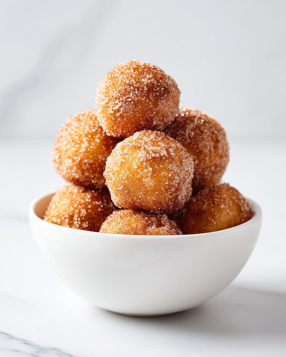 A stack of golden brown Cinnamon Sugar Donut Bites generously coated in sparkling cinnamon sugar, served in a small white bowl.