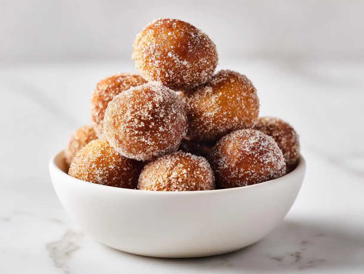 A white bowl overflowing with golden brown Cinnamon Sugar Donut Bites coated heavily in sparkling sugar.