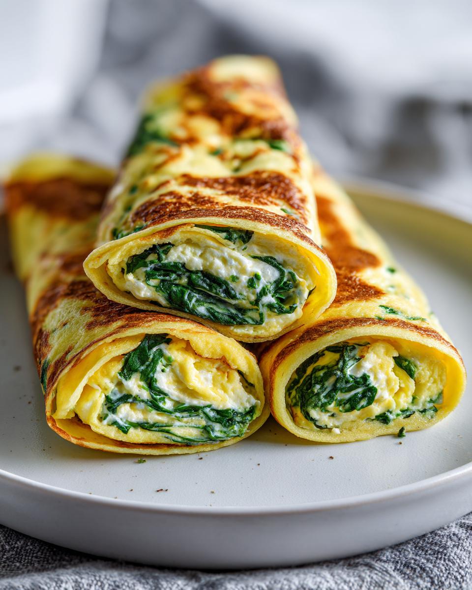 Three rolled Cottage Cheese Egg Wrap slices filled with creamy cottage cheese and vibrant green spinach, stacked on a white plate.