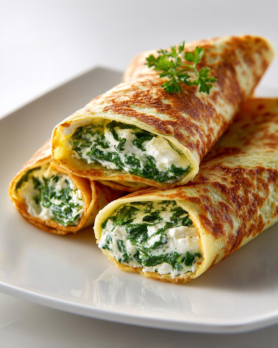 Three rolled Cottage Cheese Egg Wrap halves filled with creamy cottage cheese and spinach, garnished with parsley.