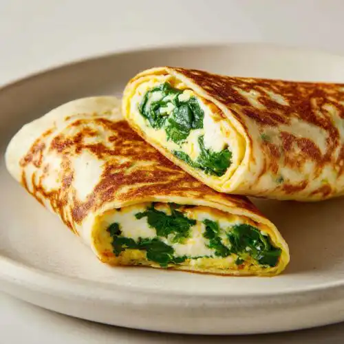 Close-up of a Cottage Cheese Egg Wrap cut in half, showing creamy white filling and vibrant green spinach.