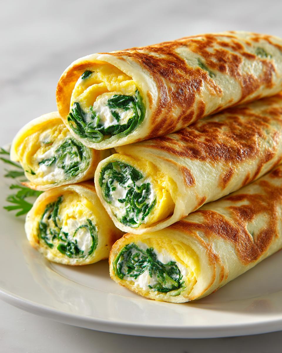 A stack of rolled Cottage Cheese Egg Wraps filled with creamy cottage cheese and bright green spinach, served on a white plate.