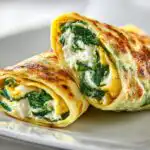 Two halves of a golden-brown Cottage Cheese Egg Wrap filled with creamy cottage cheese and vibrant green spinach, served on a white plate.