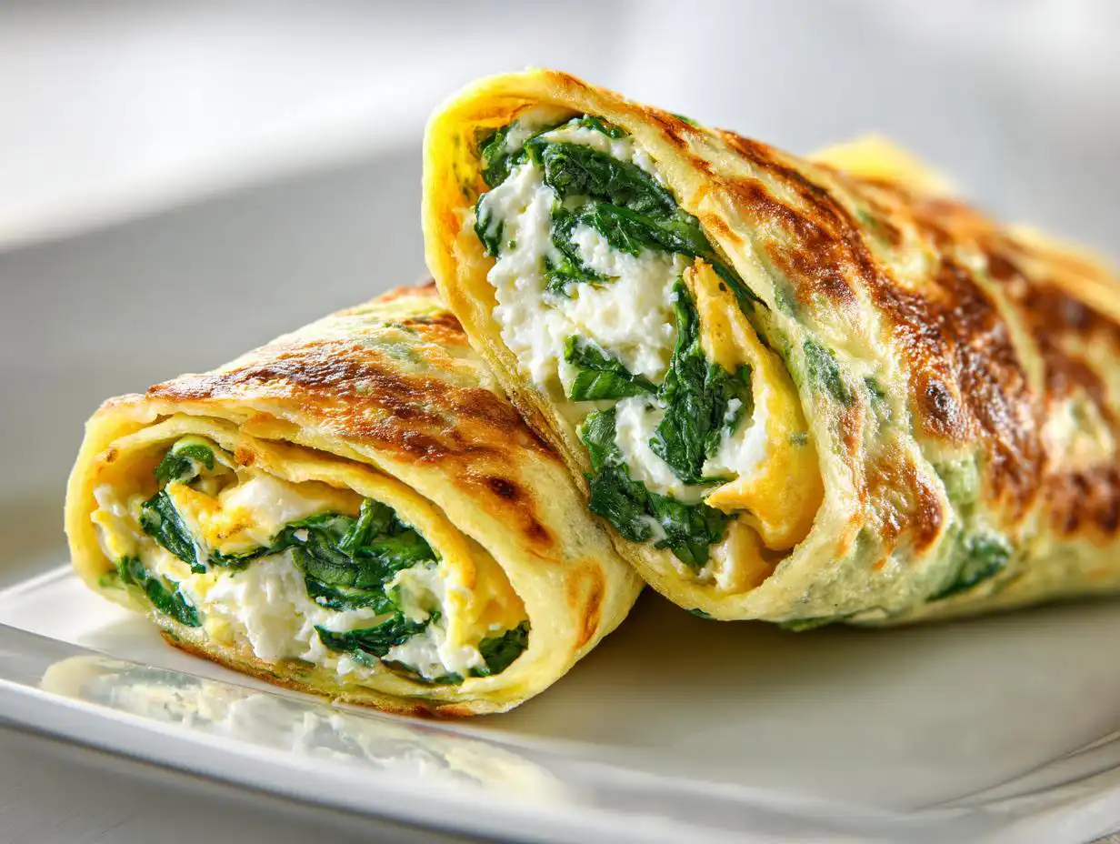 Two halves of a golden-brown Cottage Cheese Egg Wrap filled with creamy cottage cheese and vibrant green spinach, served on a white plate.