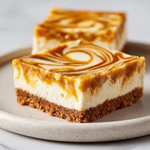 A close-up of a rich Dulce de Leche Cheesecake Square with a graham cracker crust and swirled caramel topping.