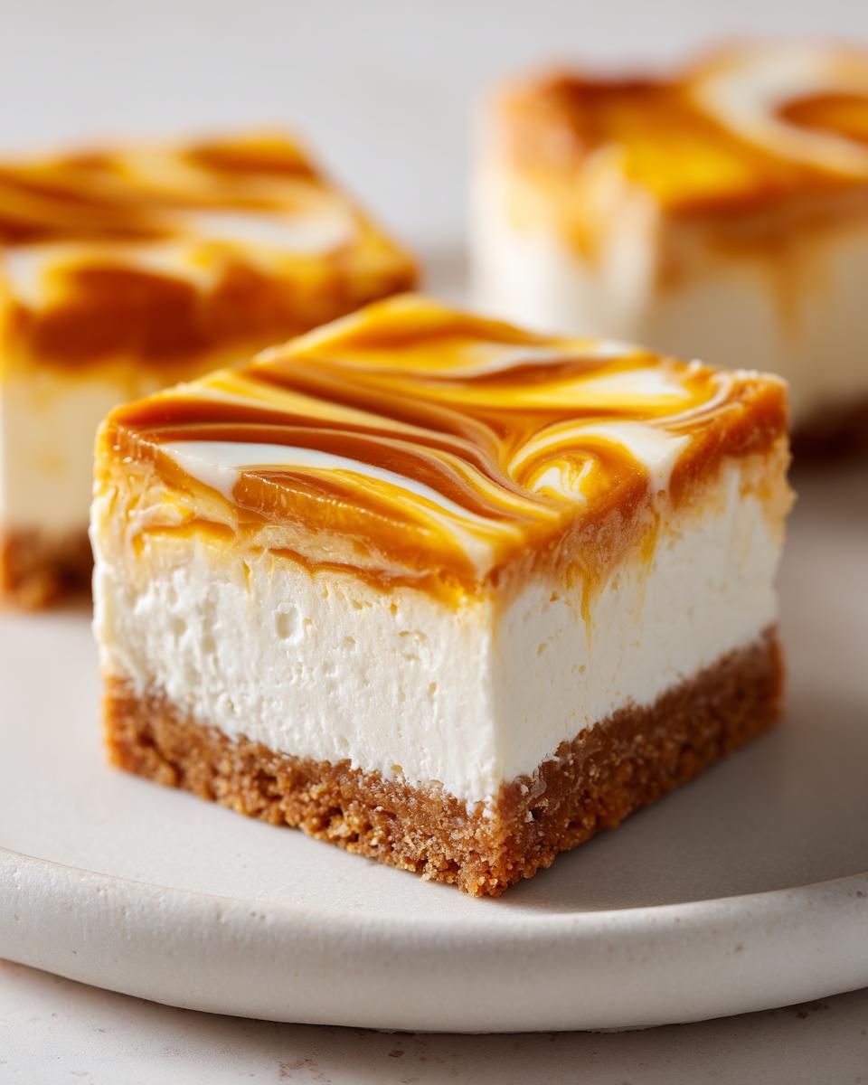 A single, perfectly cut square of Dulce de Leche Cheesecake Squares with a graham cracker crust and swirled topping.