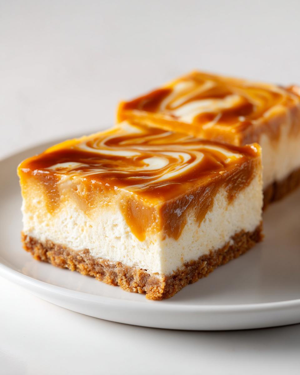 Two squares of creamy Dulce de Leche Cheesecake Squares with a graham cracker crust and swirled topping.