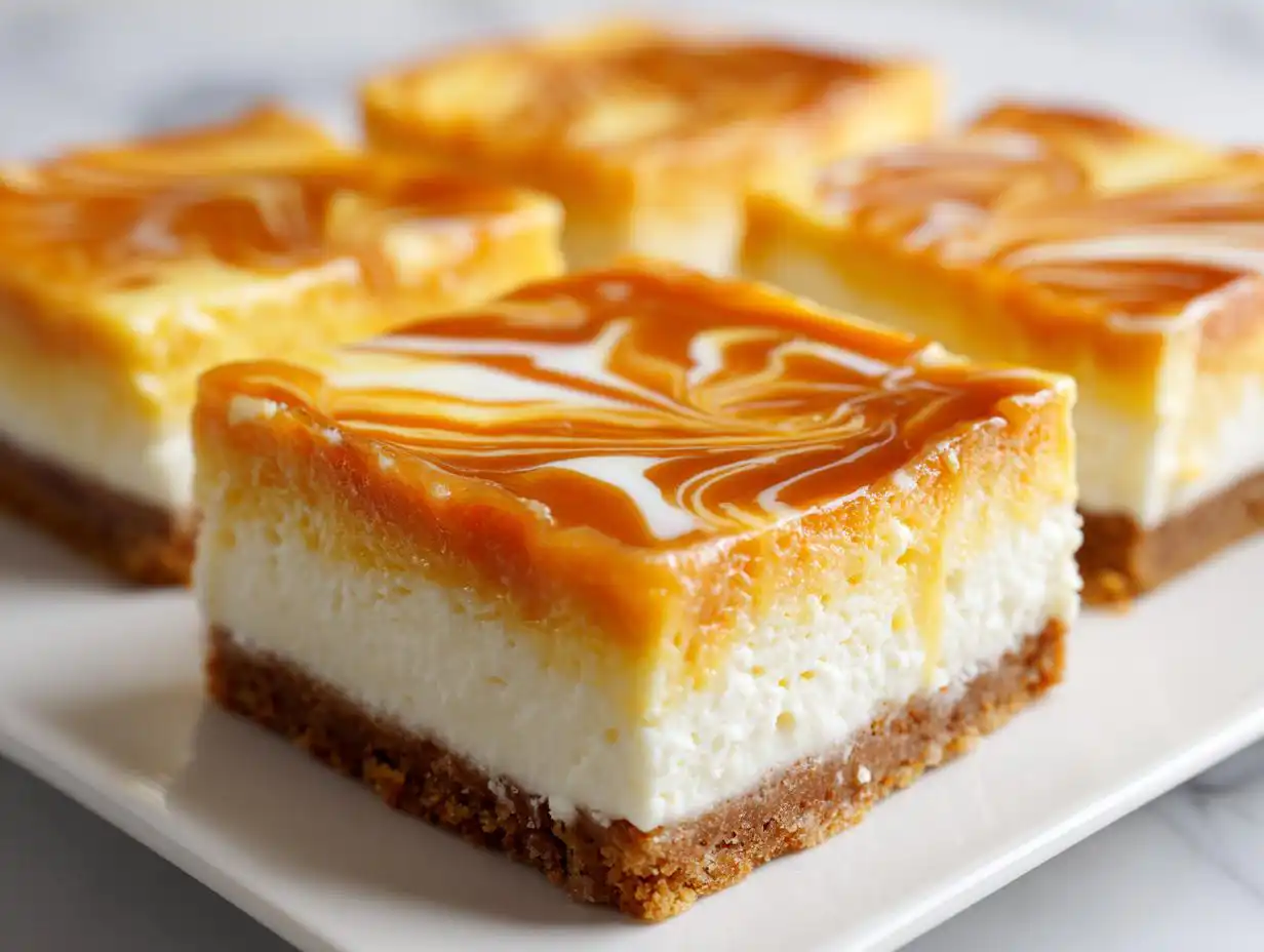 A close-up of a perfectly cut square of Dulce de Leche Cheesecake Squares with a thick graham cracker crust.