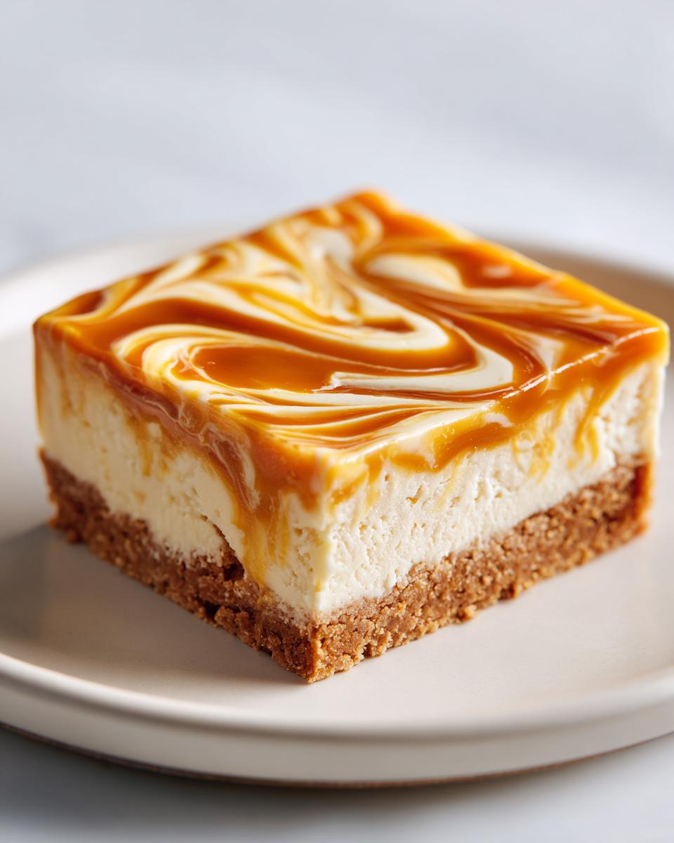 A close-up of one square of Dulce de Leche Cheesecake Squares with a graham cracker crust and swirled caramel topping.