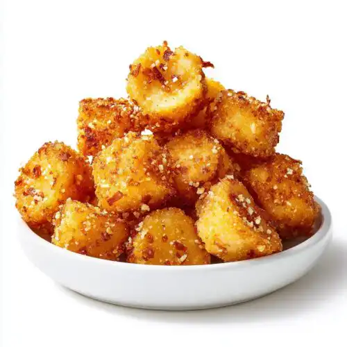A pile of crispy, golden brown Fried Parmesan Tortellini Bites dusted with grated cheese, served in a small white bowl.