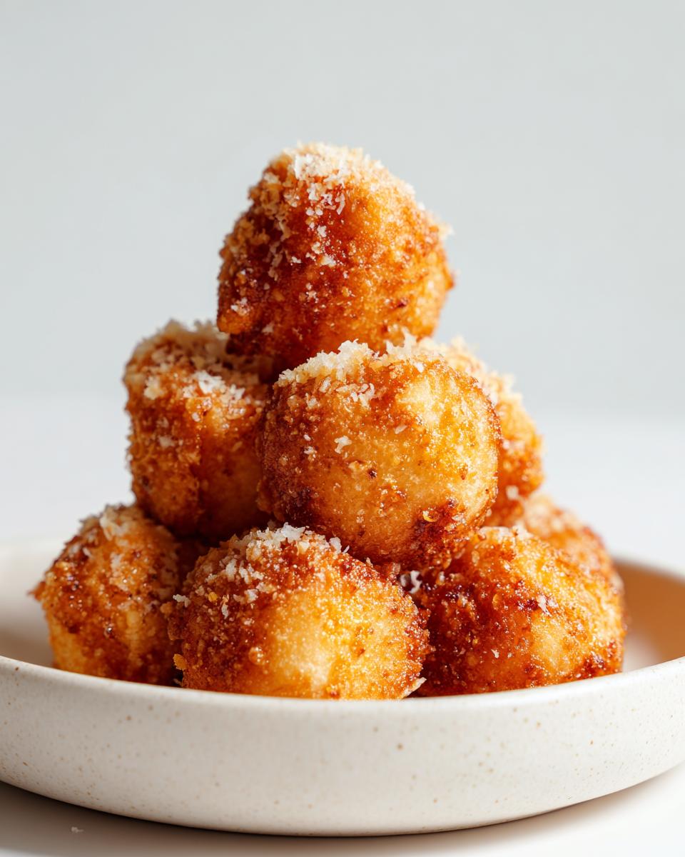 A close-up stack of golden brown Fried Parmesan Tortellini Bites, dusted with grated cheese, served in a light bowl.