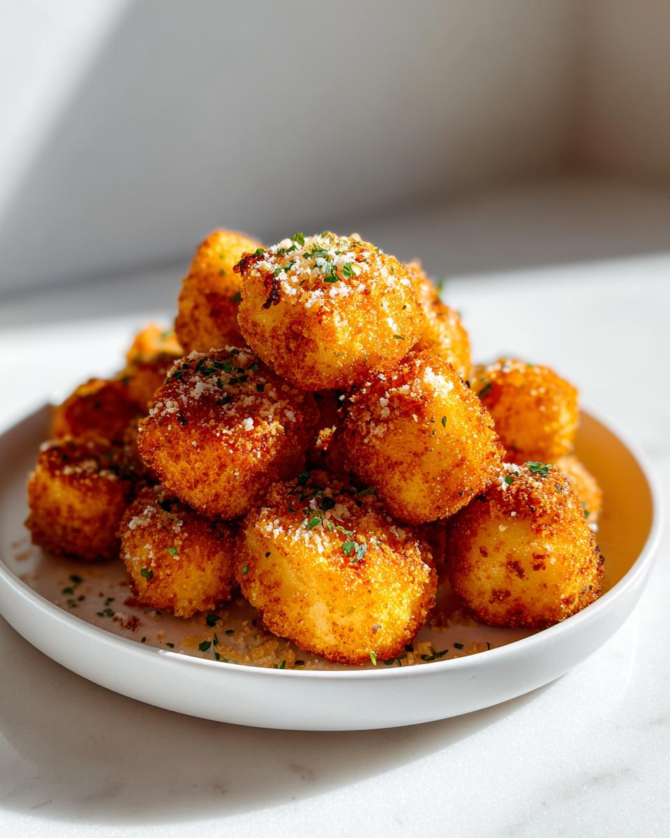 A stack of golden brown Fried Parmesan Tortellini Bites, sprinkled with grated cheese and parsley, served on a white plate.