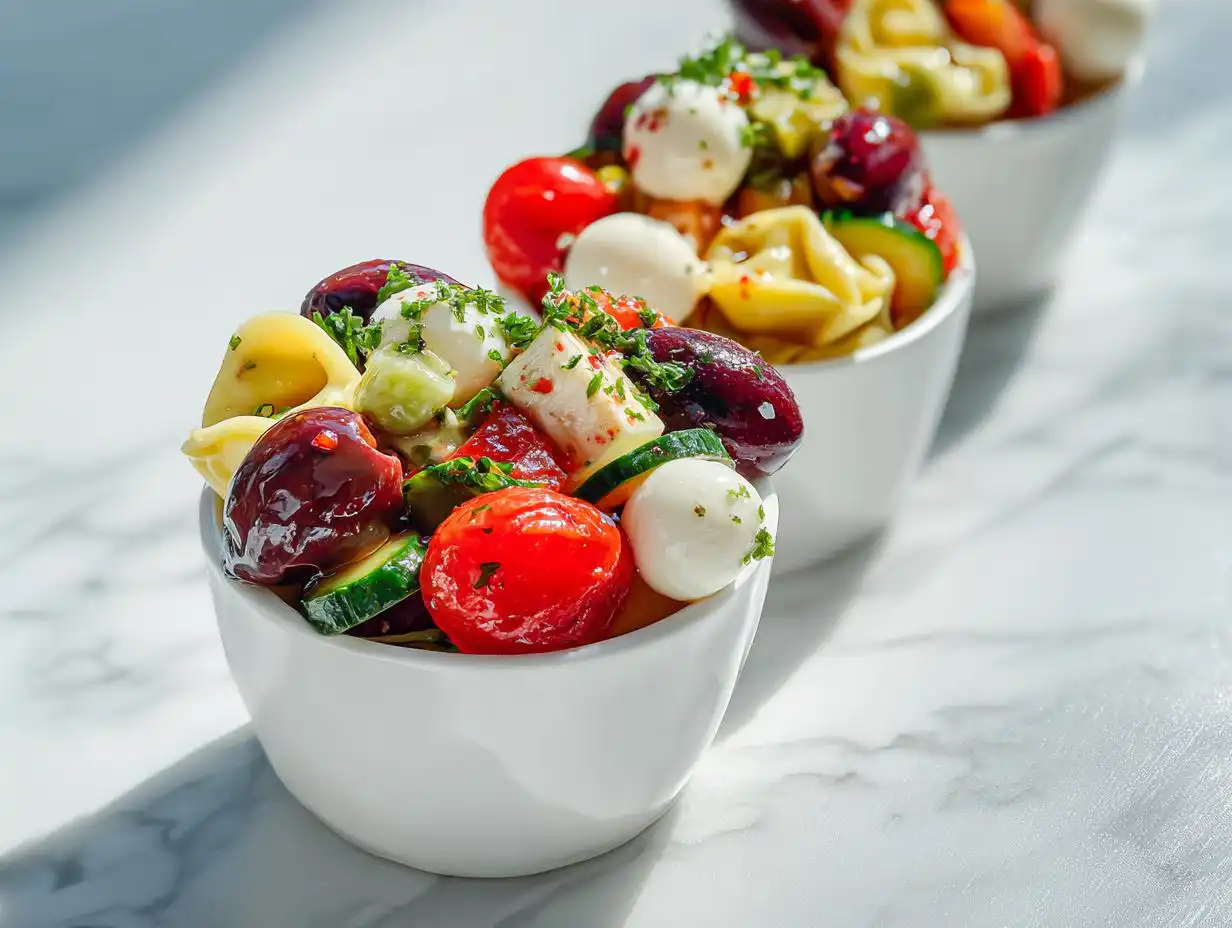 Close-up of individual servings of Italian Dressing Tortellini Salad Cups filled with tortellini, mozzarella balls, tomatoes, and olives.