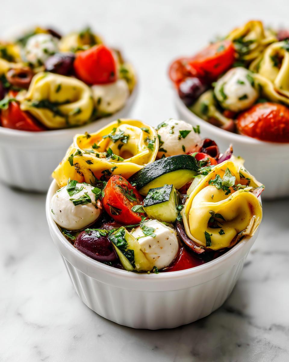 Close-up of Italian Dressing Tortellini Salad Cups featuring tortellini, mozzarella balls, tomatoes, and zucchini.