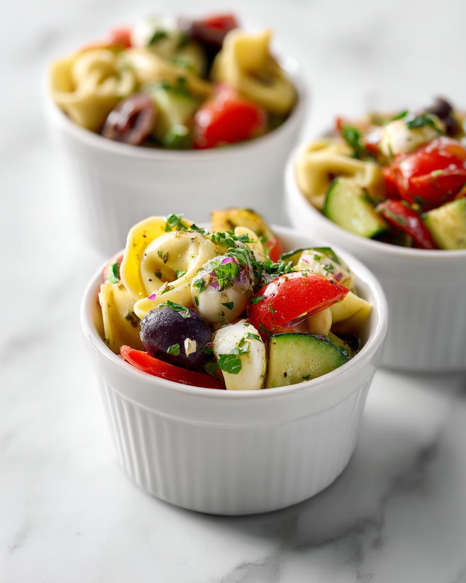 Close-up of Italian Dressing Tortellini Salad Cups filled with tortellini, tomatoes, cucumbers, and olives.