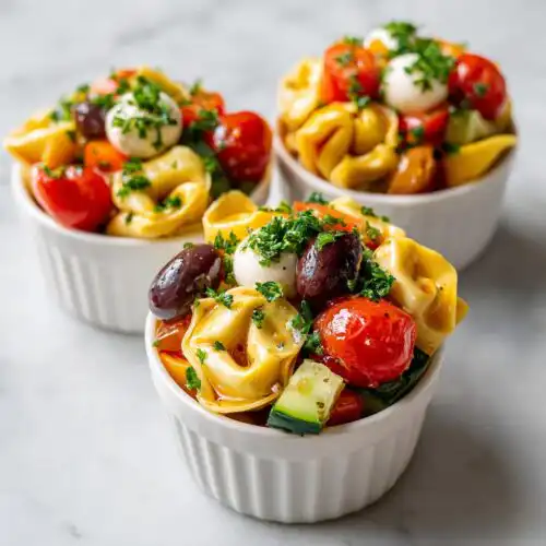 Three servings of Italian Dressing Tortellini Salad Cups featuring tortellini, cherry tomatoes, mozzarella balls, and olives.