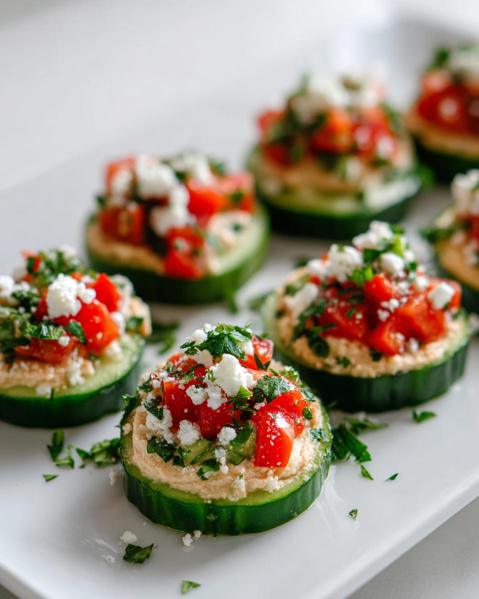 Several Mediterranean Cucumber Bites topped with hummus, diced tomatoes, feta, and parsley on a white platter.
