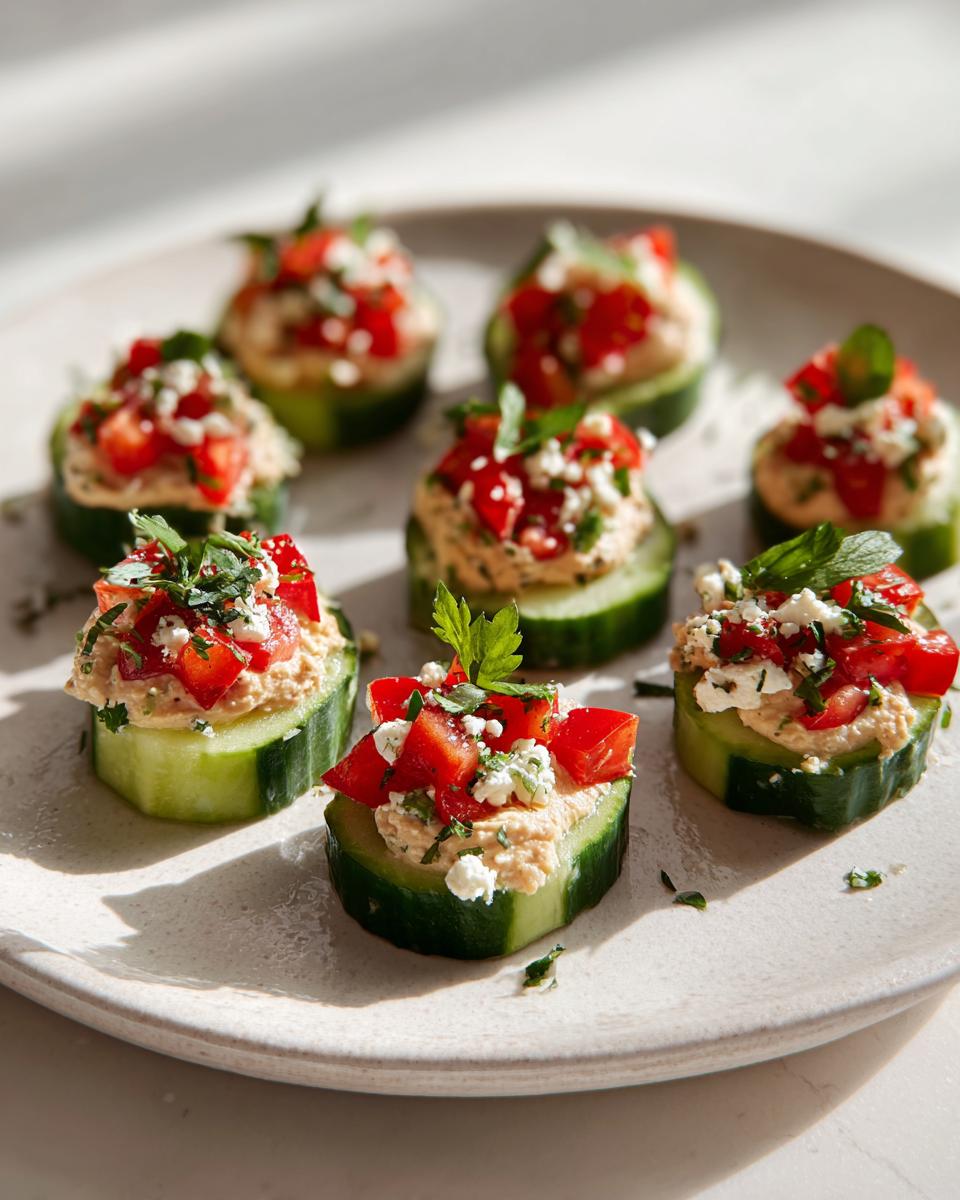 Close-up of several Mediterranean Cucumber Bites topped with hummus, diced tomatoes, feta, and herbs on a light plate.