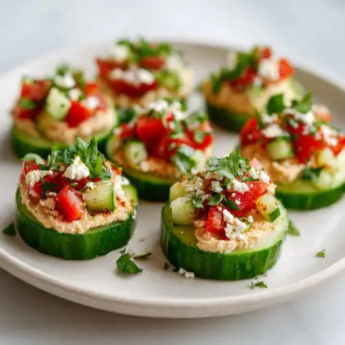 Close-up of six Mediterranean Cucumber Bites topped with hummus, diced tomatoes, cucumber, feta, and parsley.