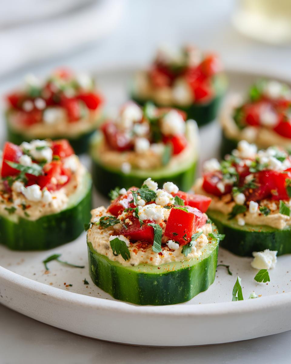 Close-up of several Mediterranean Cucumber Bites topped with hummus, diced tomatoes, feta cheese, and herbs.