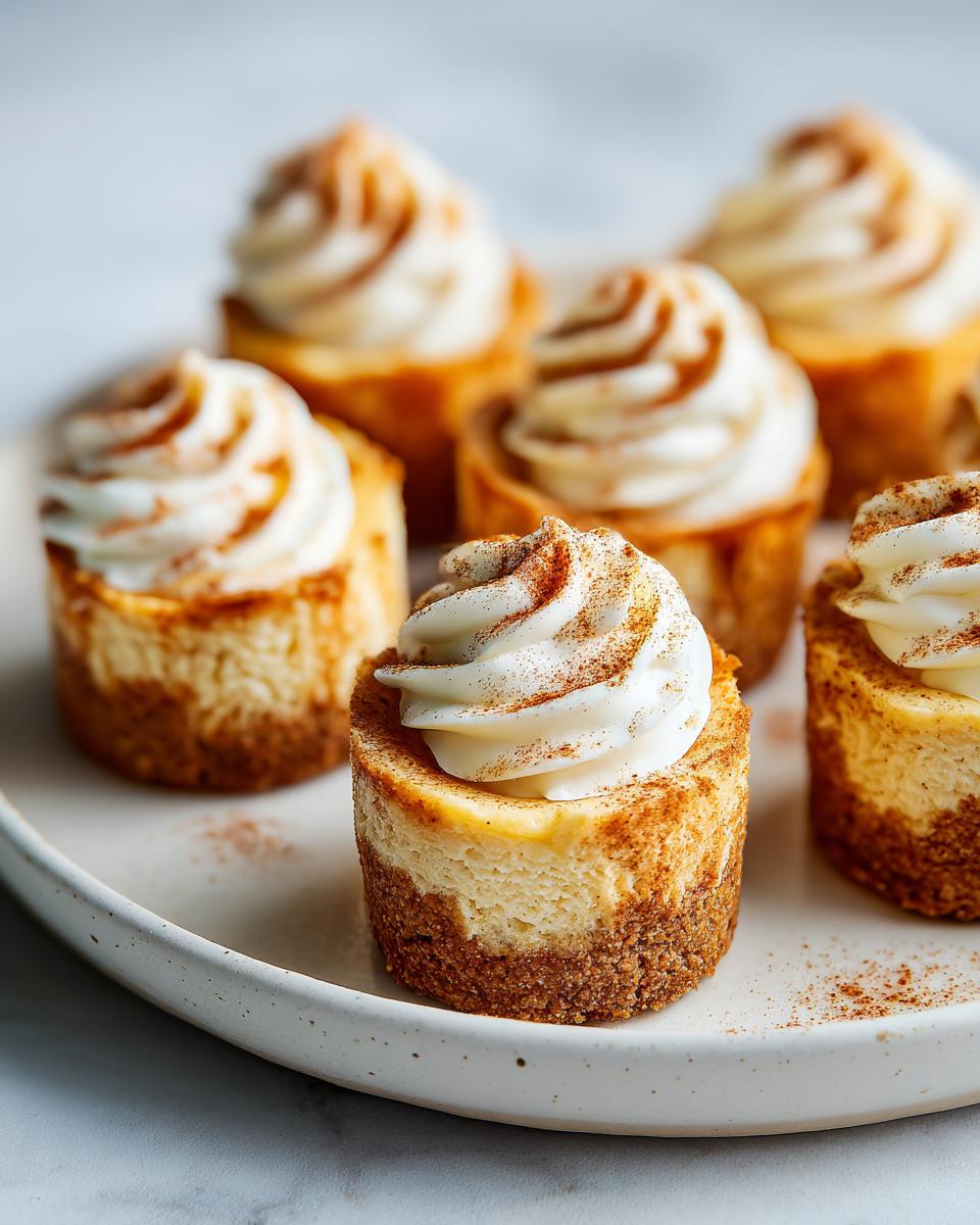 A close-up of several Mexican Cinnamon Cheesecake Bites topped with swirl of cream and dusted with cinnamon.