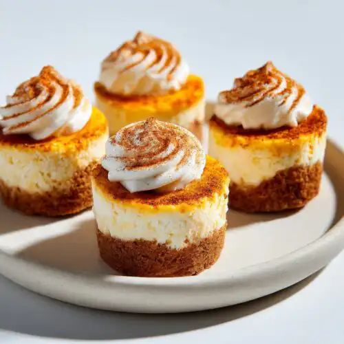 Four individual Mexican Cinnamon Cheesecake Bites topped with whipped cream and sprinkled with cinnamon.