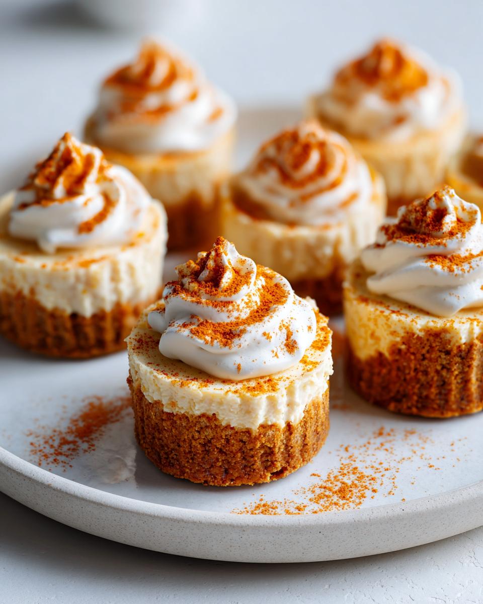 Several individual Mexican Cinnamon Cheesecake Bites topped with whipped cream and sprinkled with cinnamon on a light plate.