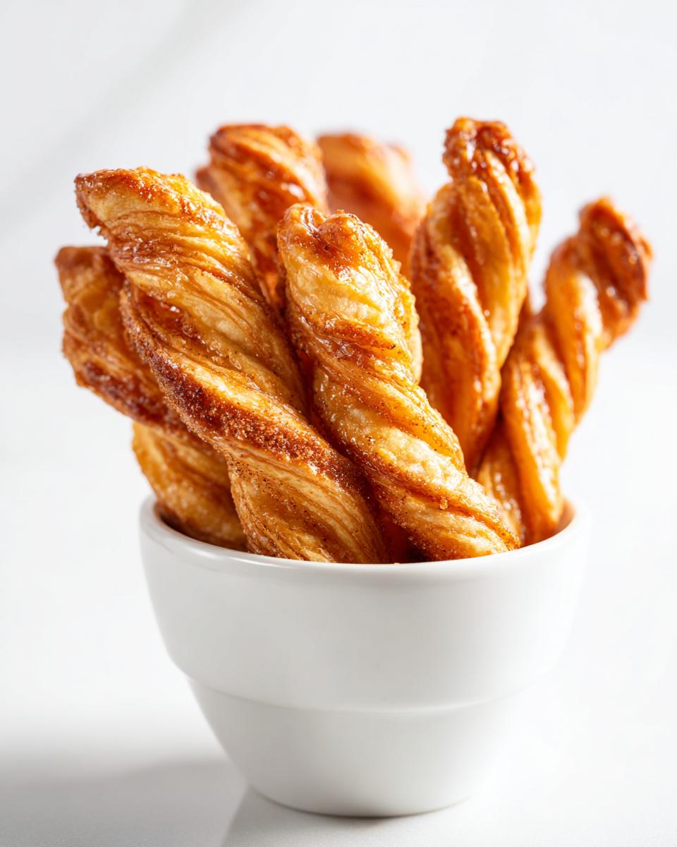 Close-up of flaky Mini Baked Cinnamon Twists coated in cinnamon sugar, served upright in a small white bowl.
