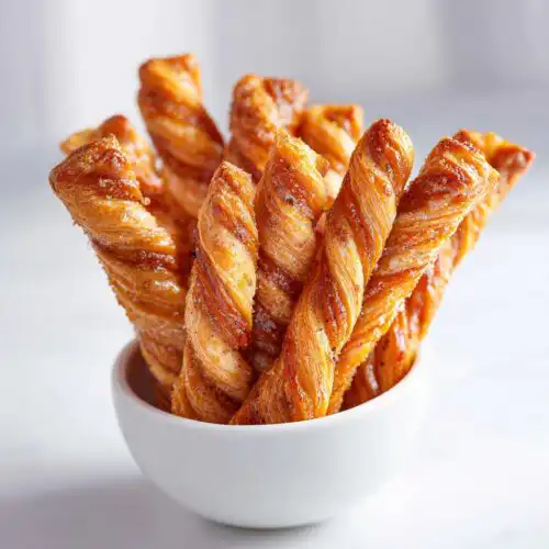 A close-up of several flaky Mini Baked Cinnamon Twists standing upright in a small white bowl.