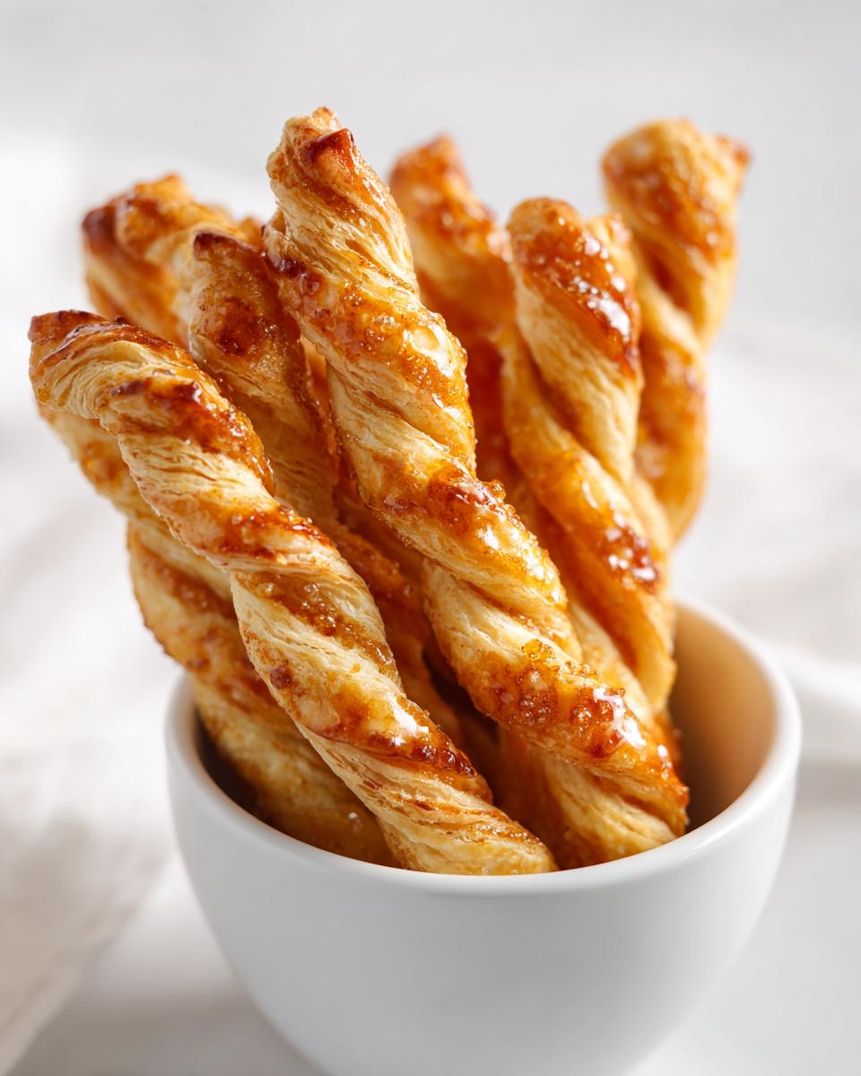Close-up of several flaky Mini Baked Cinnamon Twists, glazed and golden brown, standing upright in a small white cup.