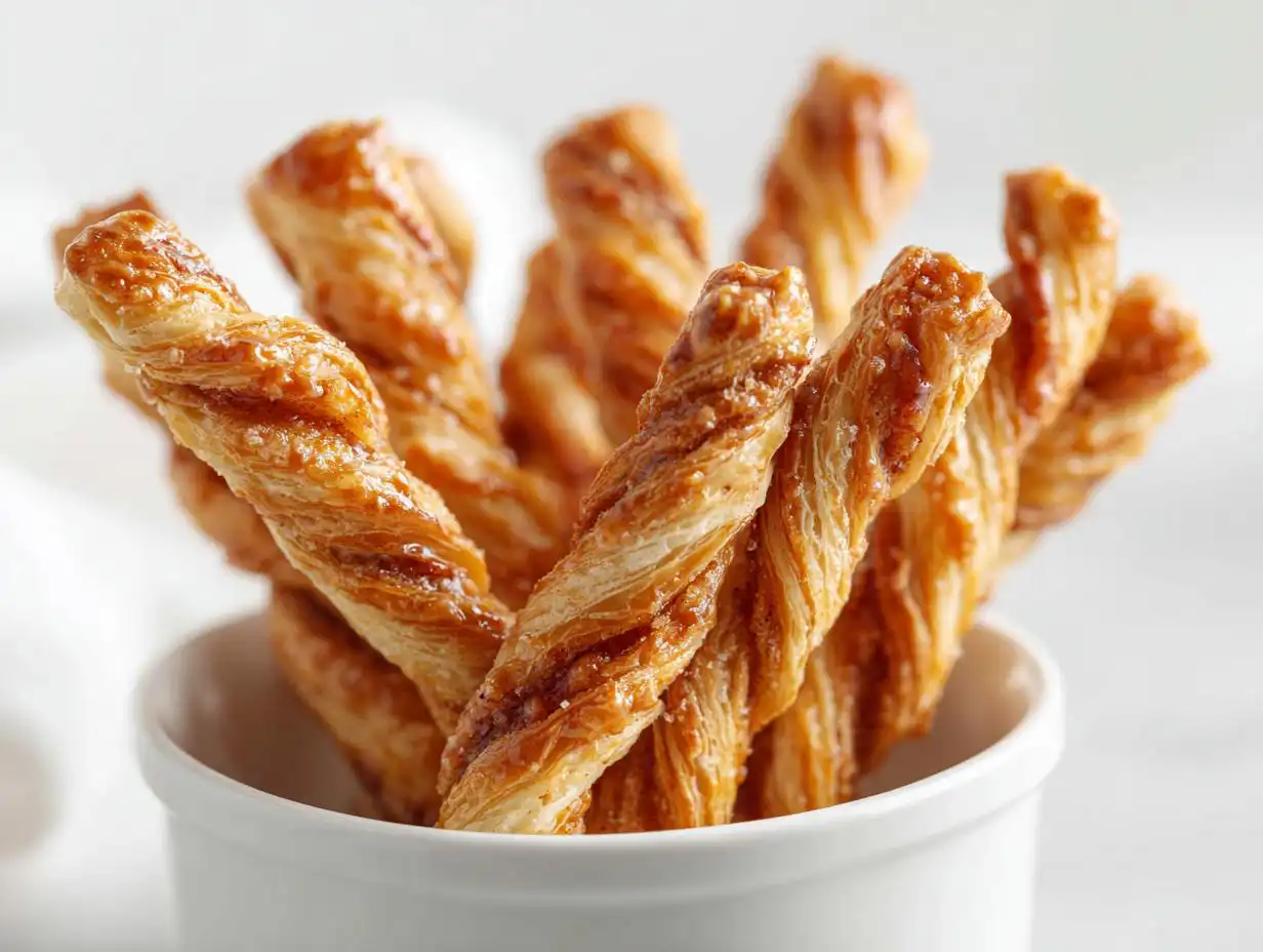Close-up of several flaky Mini Baked Cinnamon Twists standing upright in a small white bowl.
