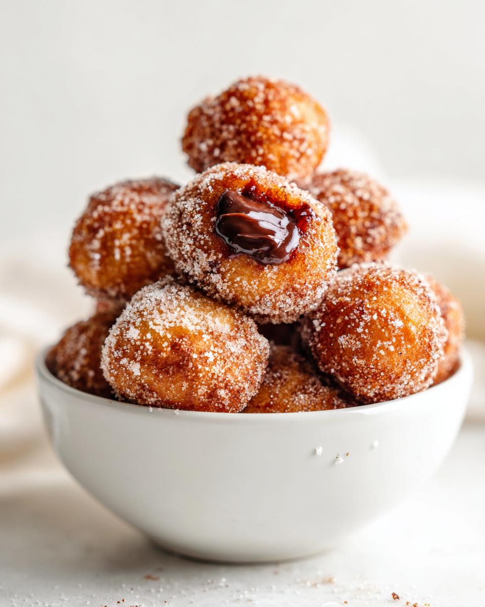 A white bowl overflowing with golden brown Nutella Stuffed Churro Balls coated in cinnamon sugar, one showing melted filling.