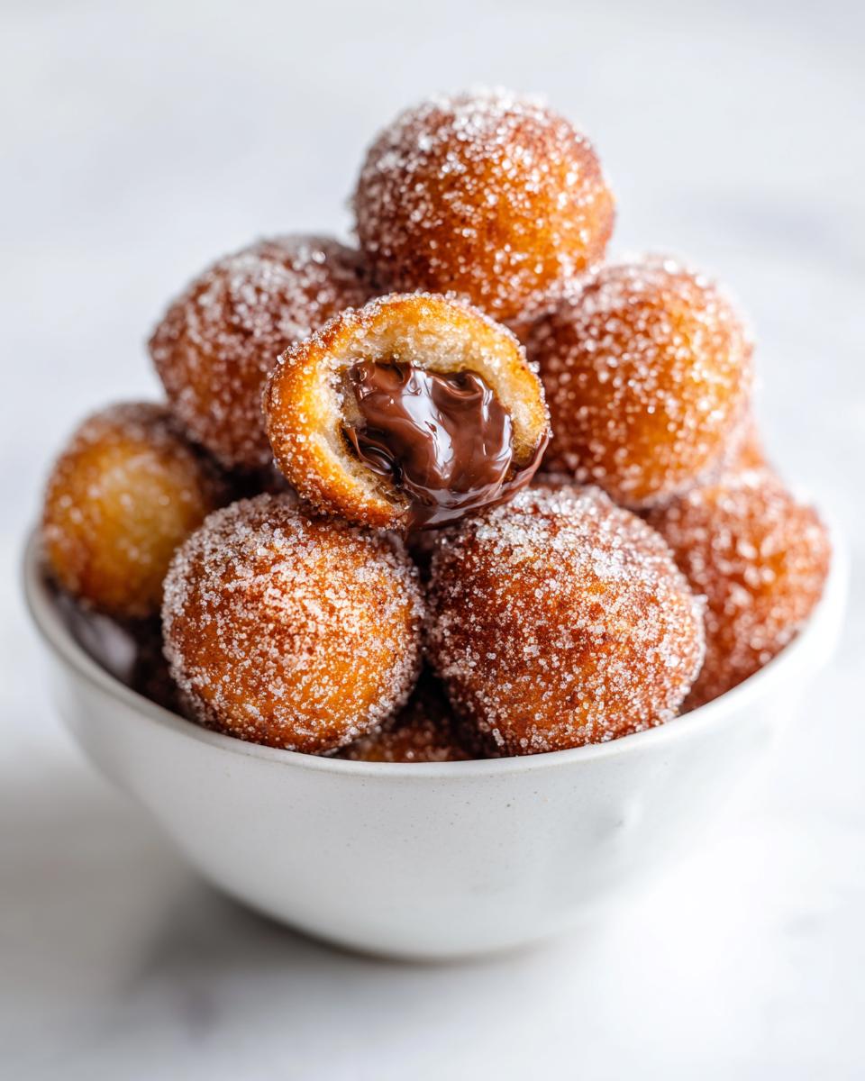 Close-up of Nutella Stuffed Churro Balls piled in a bowl, one is broken open revealing gooey Nutella filling.