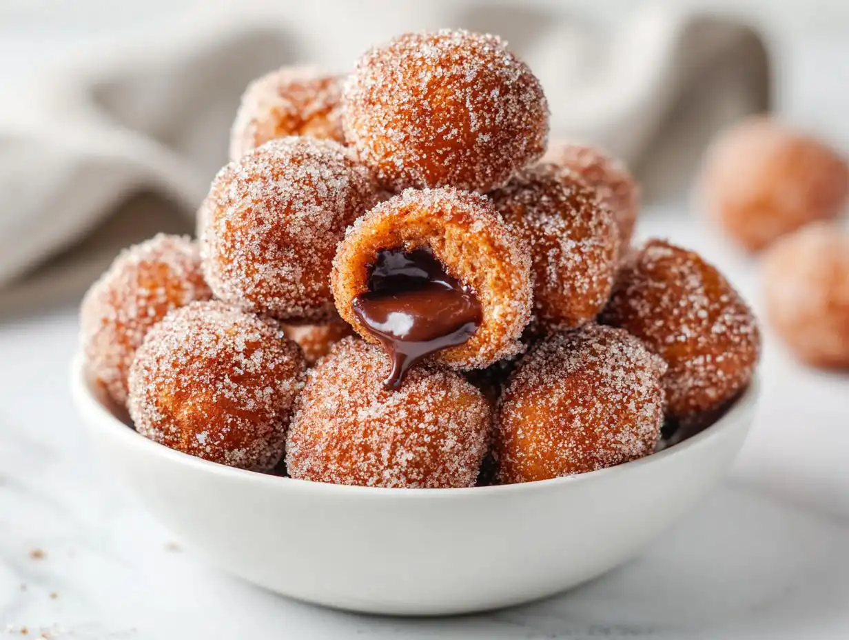 A close-up of sugar-coated Nutella Stuffed Churro Balls, with one broken open showing gooey melted chocolate filling.