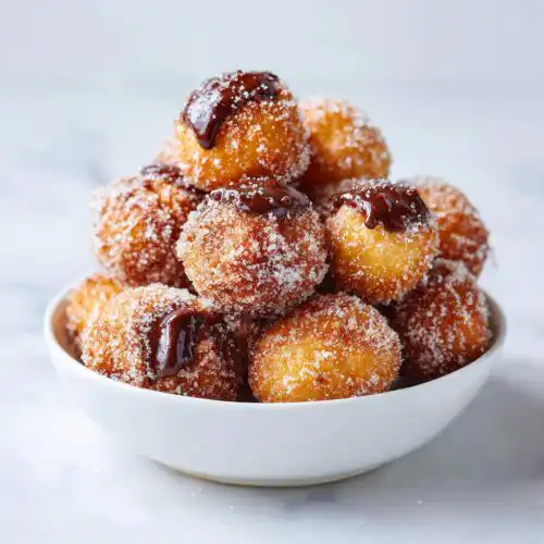 A pile of golden brown Nutella Stuffed Churro Balls coated in sugar and drizzled with chocolate sauce.
