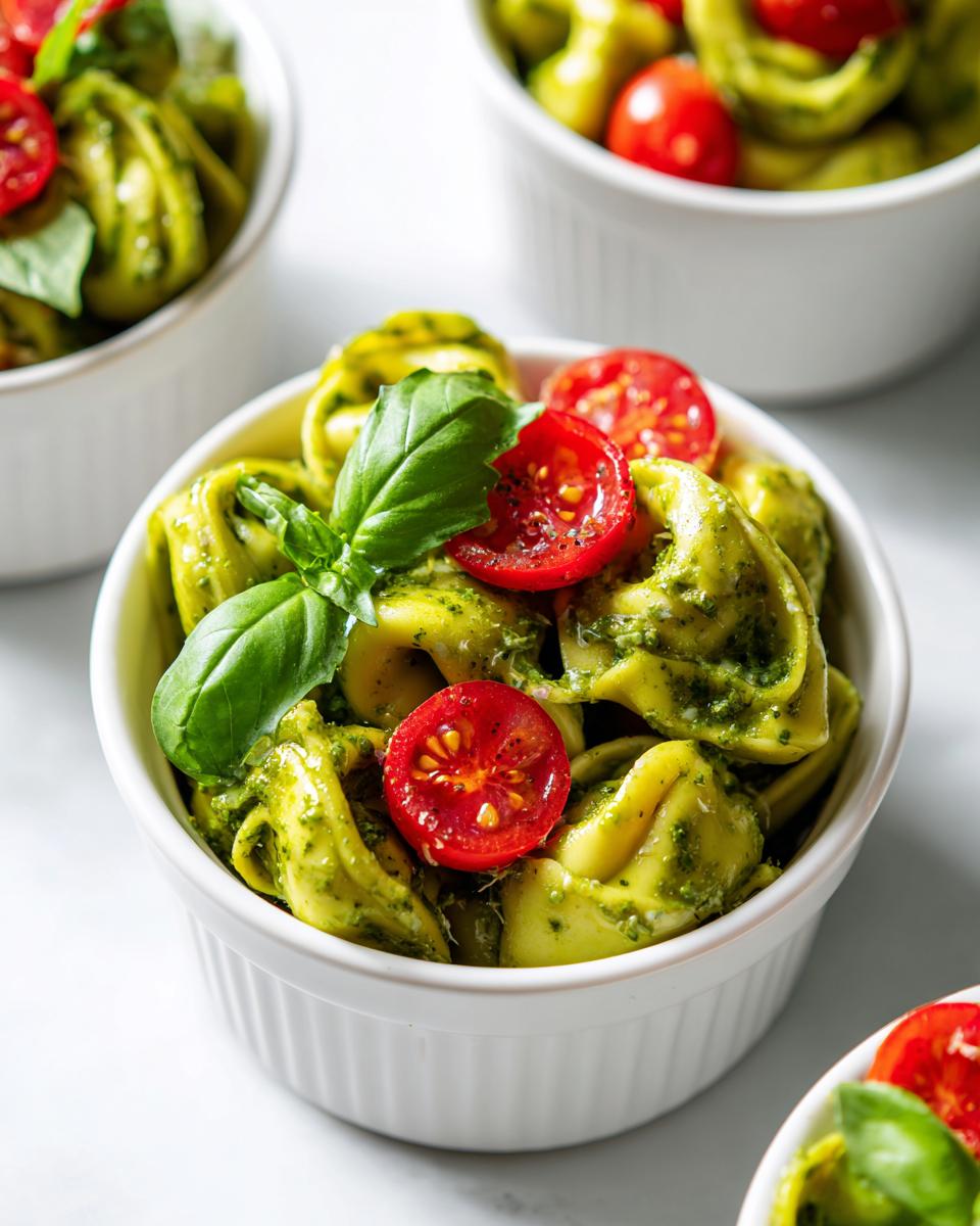 A white ramekin filled with Pesto Tortellini Party Cups, topped with halved cherry tomatoes and fresh basil.