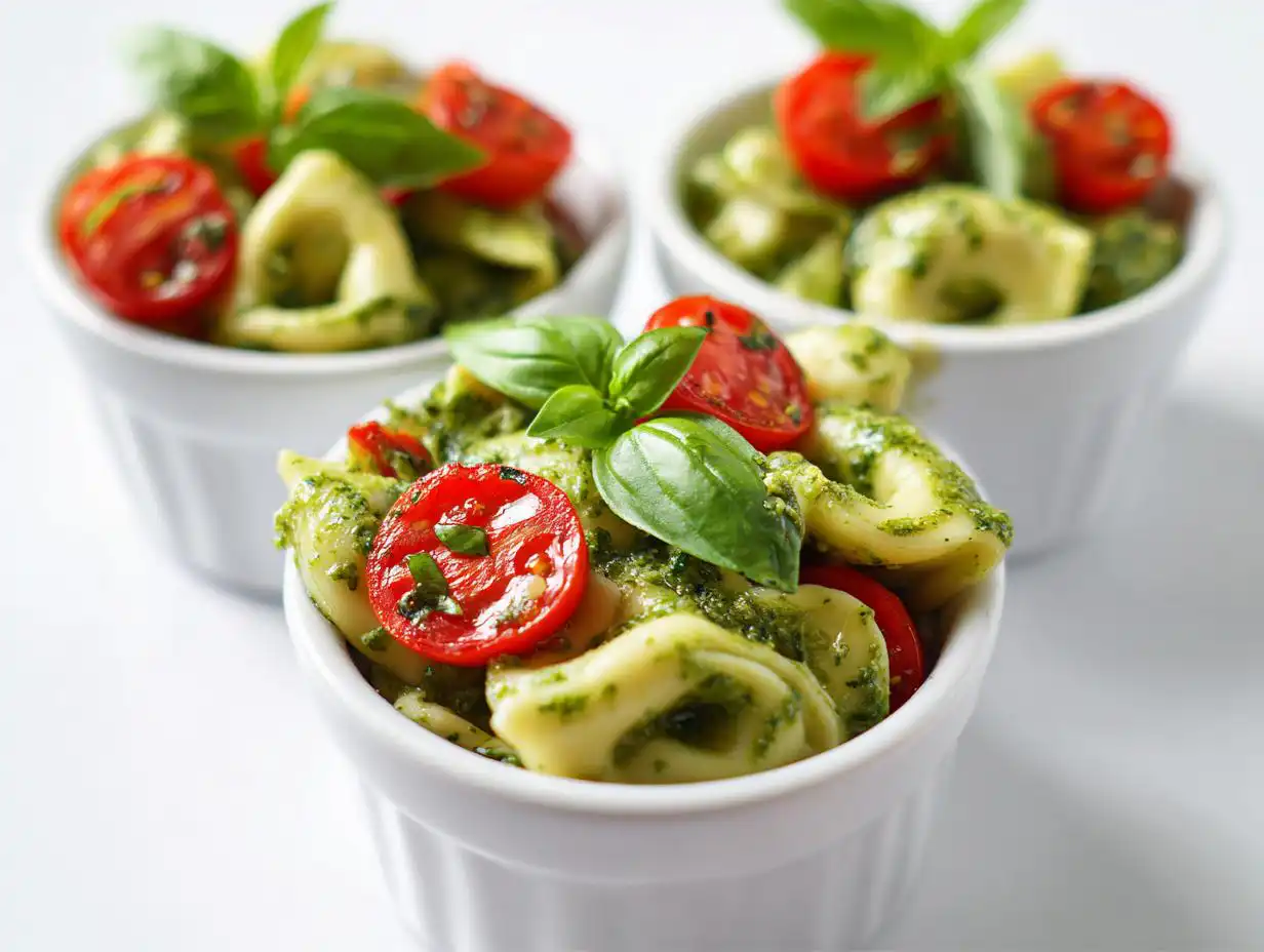 Three servings of Pesto Tortellini Party Cups garnished with cherry tomatoes and fresh basil leaves.