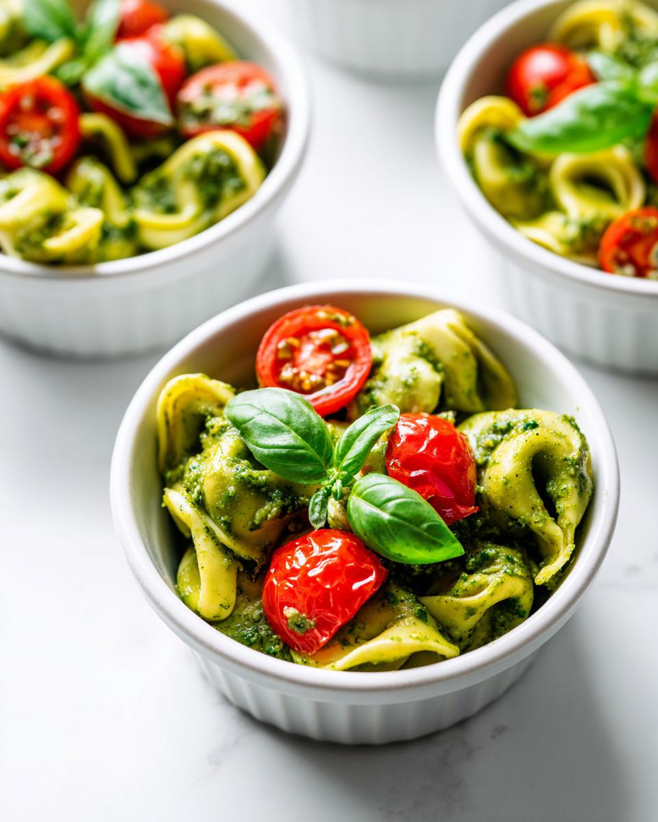Close-up of a white ramekin filled with Pesto Tortellini Party Cups, topped with halved cherry tomatoes and fresh basil.