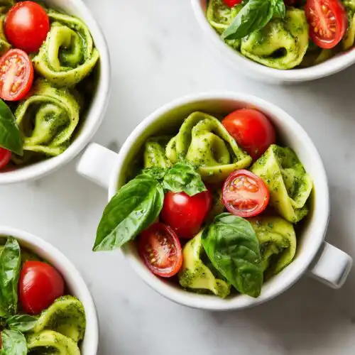 Overhead view of Pesto Tortellini Party Cups garnished with fresh cherry tomatoes and basil leaves.