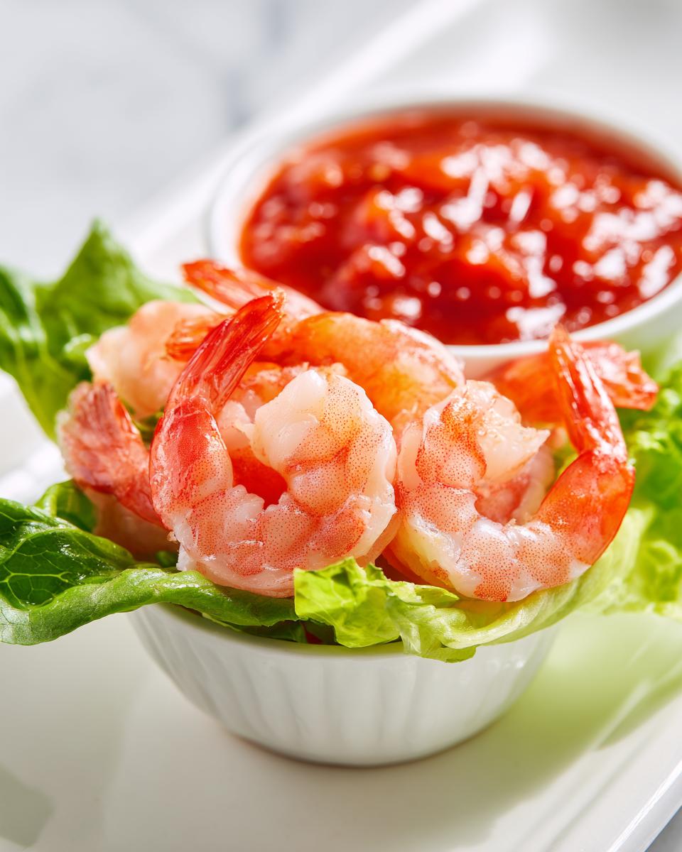 Close-up of cooked shrimp served in lettuce cups, ready to be dipped in the cocktail sauce for Shrimp Cocktail Cups.