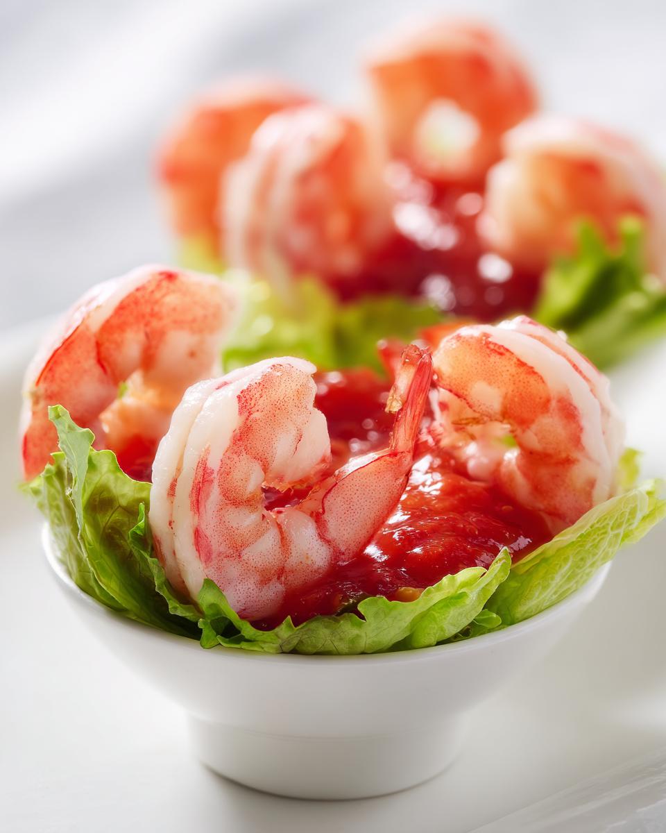 Close-up of perfectly cooked shrimp arranged in lettuce cups with cocktail sauce, ready to serve as Shrimp Cocktail Cups.