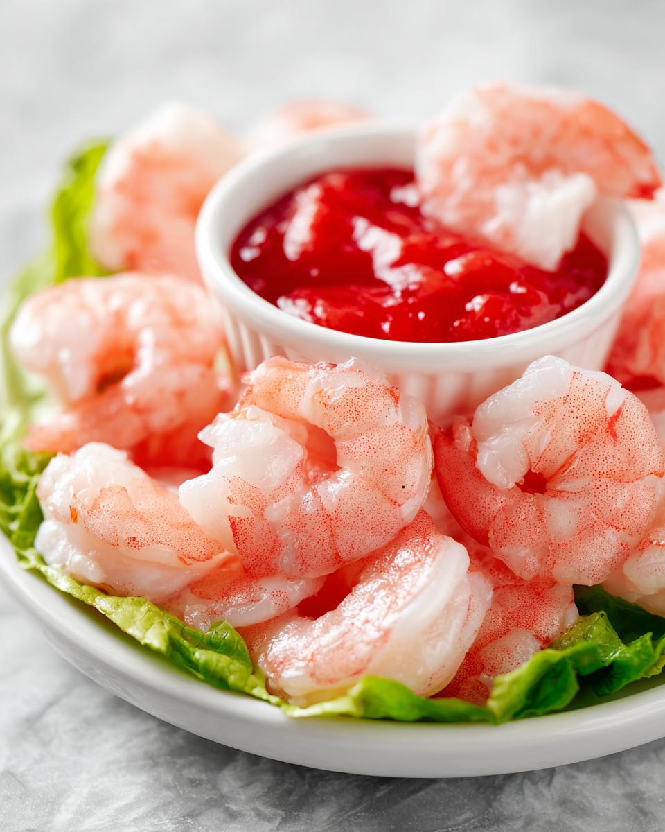 Close-up of cooked shrimp arranged around a small white bowl of cocktail sauce for Shrimp Cocktail Cups.