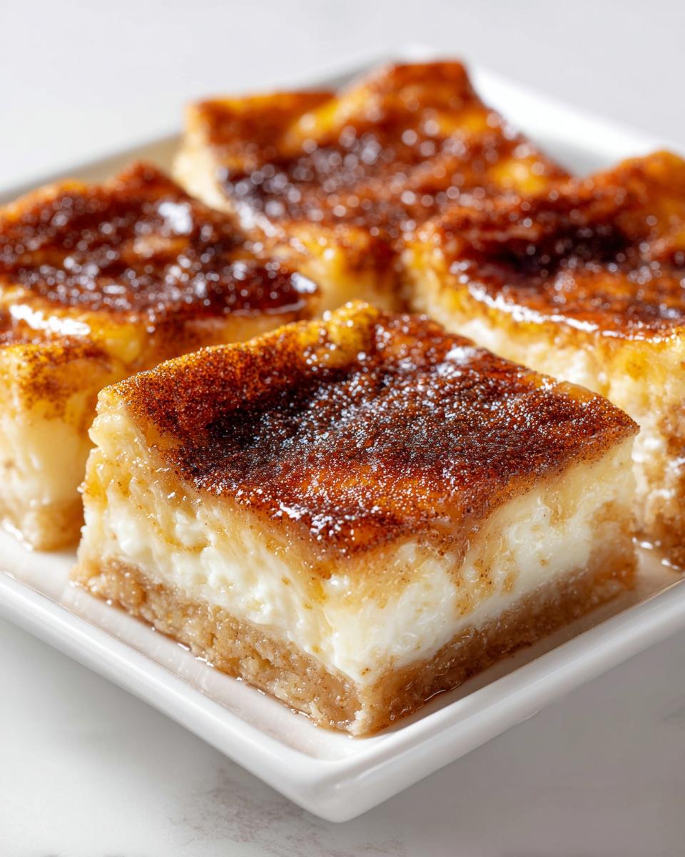 Four square slices of Sopapilla Cheesecake Bars with a thick cream cheese layer and a caramelized cinnamon-sugar topping.