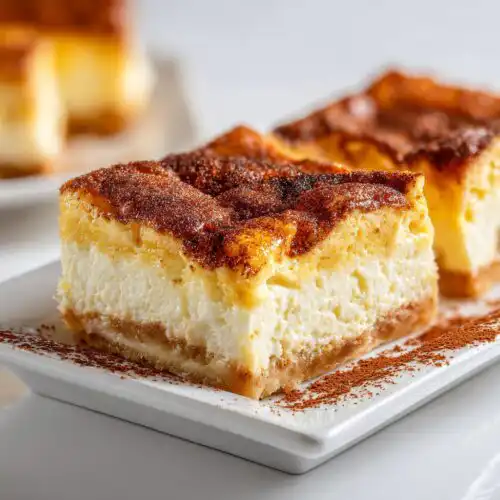 A close-up of a thick, creamy slice of Sopapilla Cheesecake Bars with a golden-brown, cinnamon-sugar top.