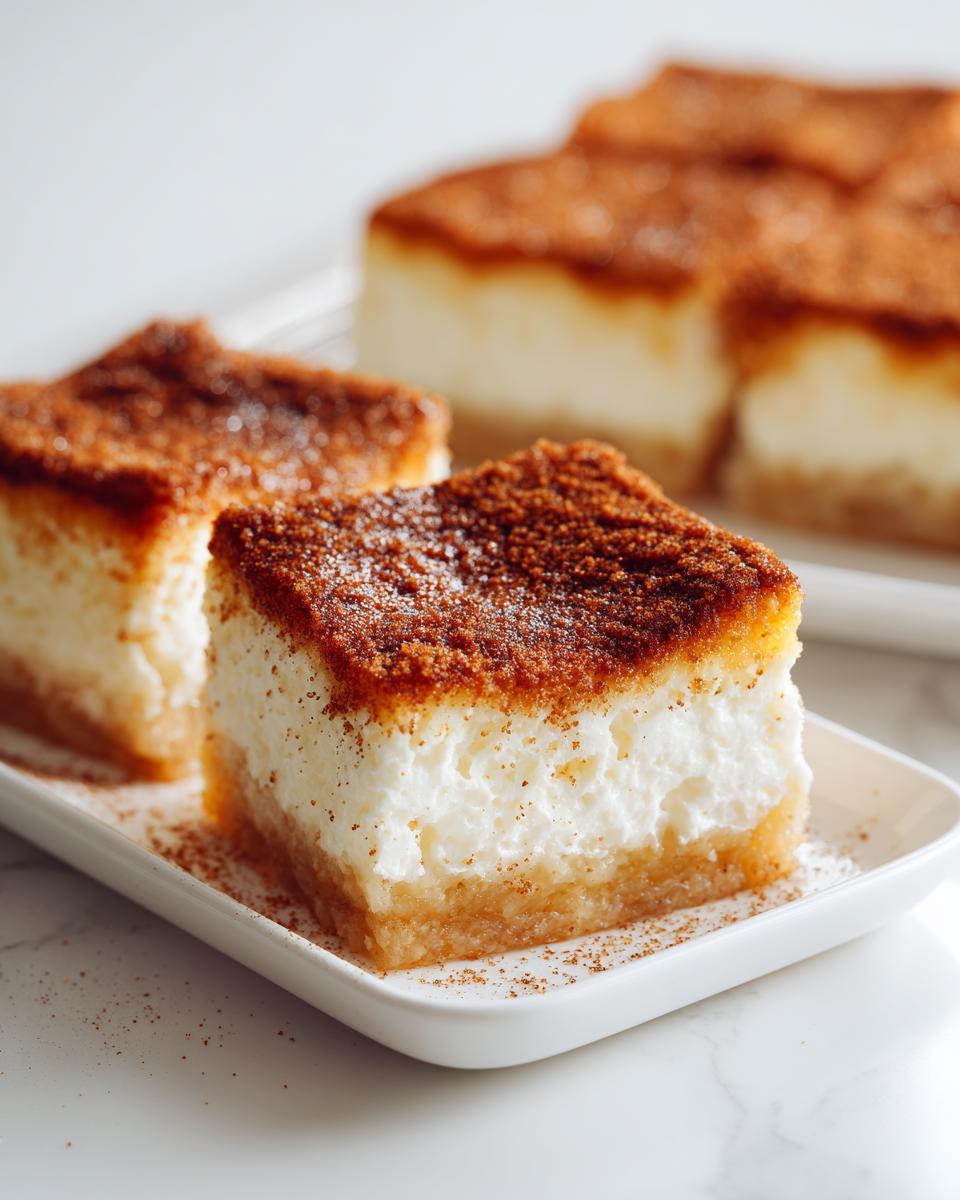 A square slice of Amazing Sopapilla Cheesecake Bars showing a thick, creamy white layer and a cinnamon-sugar topping.